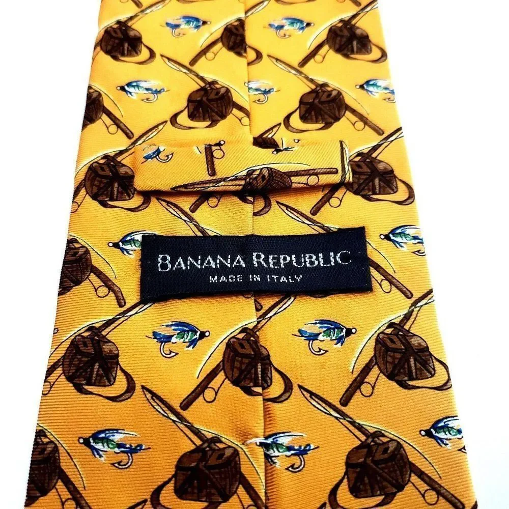 Banana Republic Fly Fishing Print Yellow Wide‎ Silk Tie
